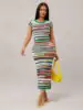 Multi-color rainbow-striped knitted round-neck short-sleeved dress, suitable for various daily outfits, elegant and casual women