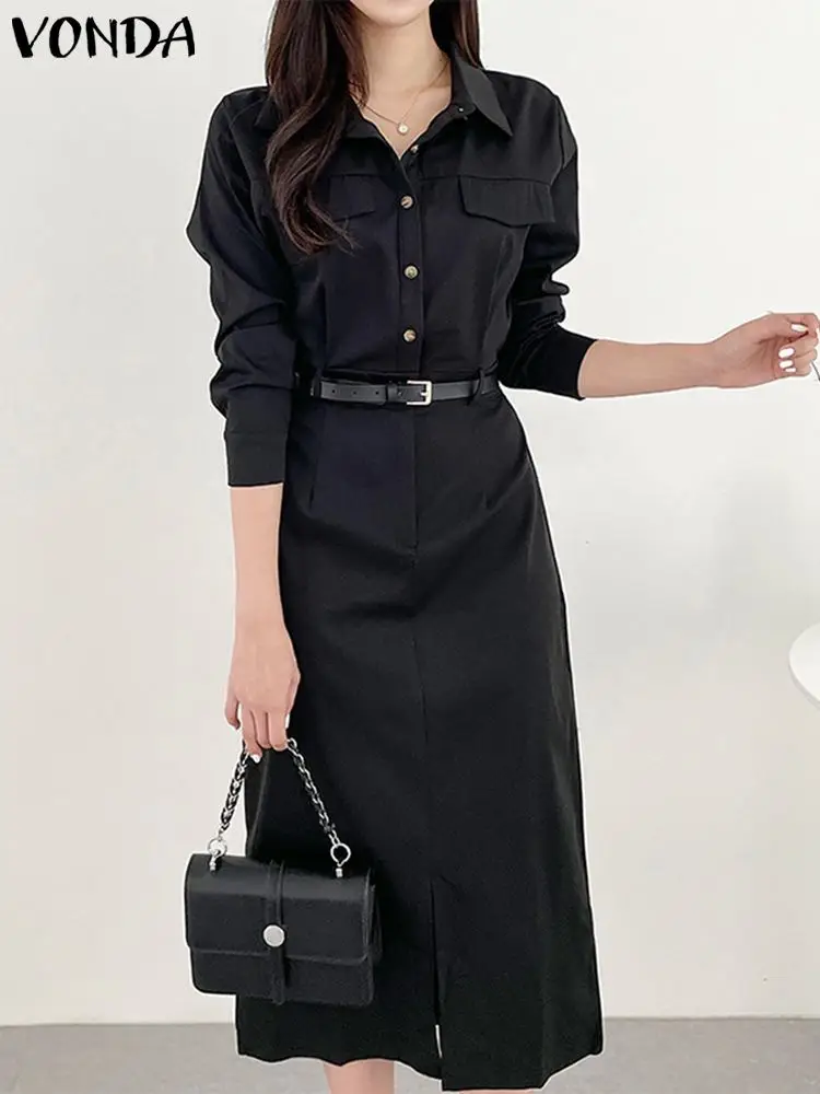 2023VONDAElegantLongDressWomenFashionLongSleeveButtonDown