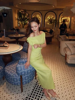 Casual Solid Off Shoulder Long Dress Women Sleeveless Pleated Waist-Closed Lady Dresses 2026 Party Summer Fashion Female Robes 1