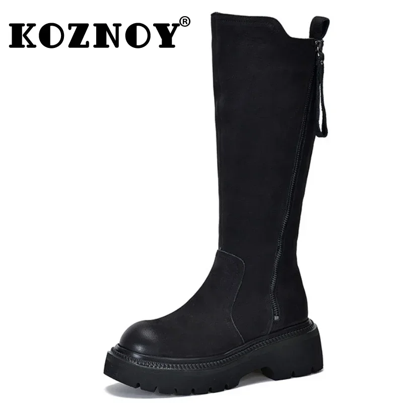

Koznoy Suede Ladies Boots 10cm Genuine Leather Autumn Platform Wedge Knee High Booties ZIP Winter Plush Thick Heels Women Shoes
