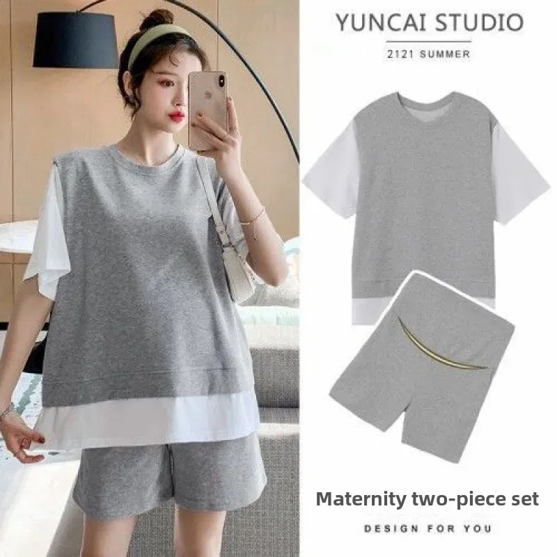 Maternity Summer Short Sleeve T-Shirt Sports Outfit Two-Piece Set Home Clothes Top Belly Support Shorts Set for Pregnant Women