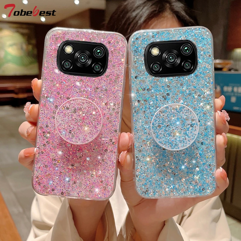Glänzende Glitzer-Gypsophila-Telefonhalterhülle für Xiaomi POCO X3 NFC M3 Pro Bling Gold Silberfolie Silikonhülle_voghion.com