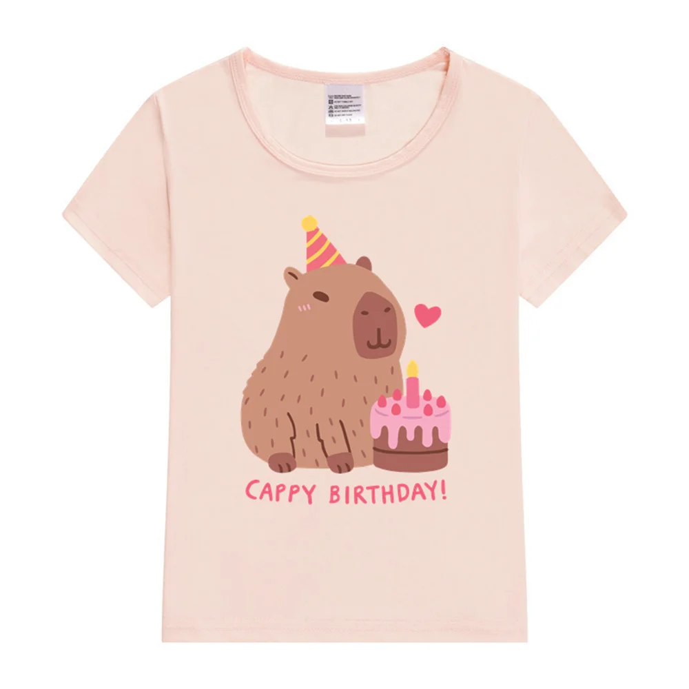 Cute Capybara And Cake Happy Cappy Birthday Kids T-Shirt Print Girls Clothes Child T-shirt White Short Sleeve Tee 1-12 Year 3