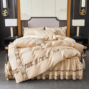 AI WINSURE Chinese Vintage Bed Linen Set Satin, 200x220, Luxury, 4 Pieces, Queen King, Quilted Fitted Sheet, Bedding Set, Soft 1