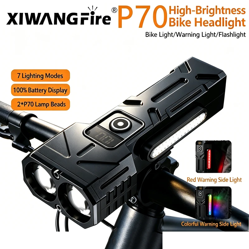 자전거 헤드라이트 USB 충전식 밝은 LED 자전거 라이트 디지털 디스플레이 야간 라이딩 하이킹 캠핑을 위한 방수 손전등