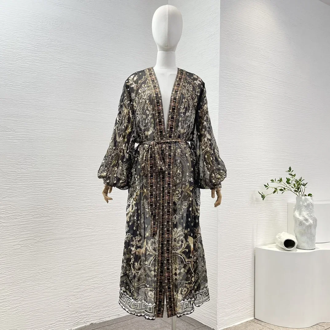 

New Spring Summer Gold Floral Print Long Sleeve V Neck See Though Wrap Kaftan Midi Dress 2024 High Quality