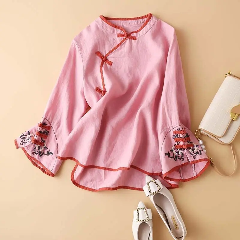 

Blouse Women Embroidery Cotton Linen Chinese Traditional Tang Suit Button Up Half Sleeve Ladies Casual Zen Top Hanfu Cheongsam