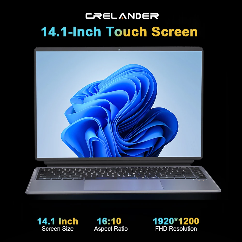 CRELANDER 2 in 1 Laptop Intel N100 14 Inch 2K Touch Screen DDR5 16GB Windows 11 RGB Keyboard Tablet Pc Mini Laptops Notebook 2
