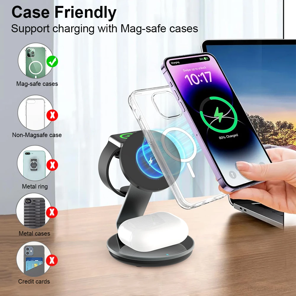 Magnetic Wireless Charger Stand 3 in 1 Fast Charging Station For iPhone 15 14 13 12 Pro Max Apple Watch 9 8 7 6 5 Induction USB