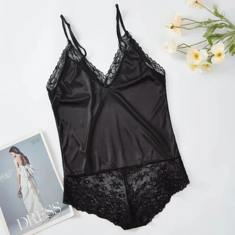 Women Lace Pajamas Nightclothes Black M L XL Sexy Ice Silky Smooth Cool Low Cut V Neck women lace pajamas