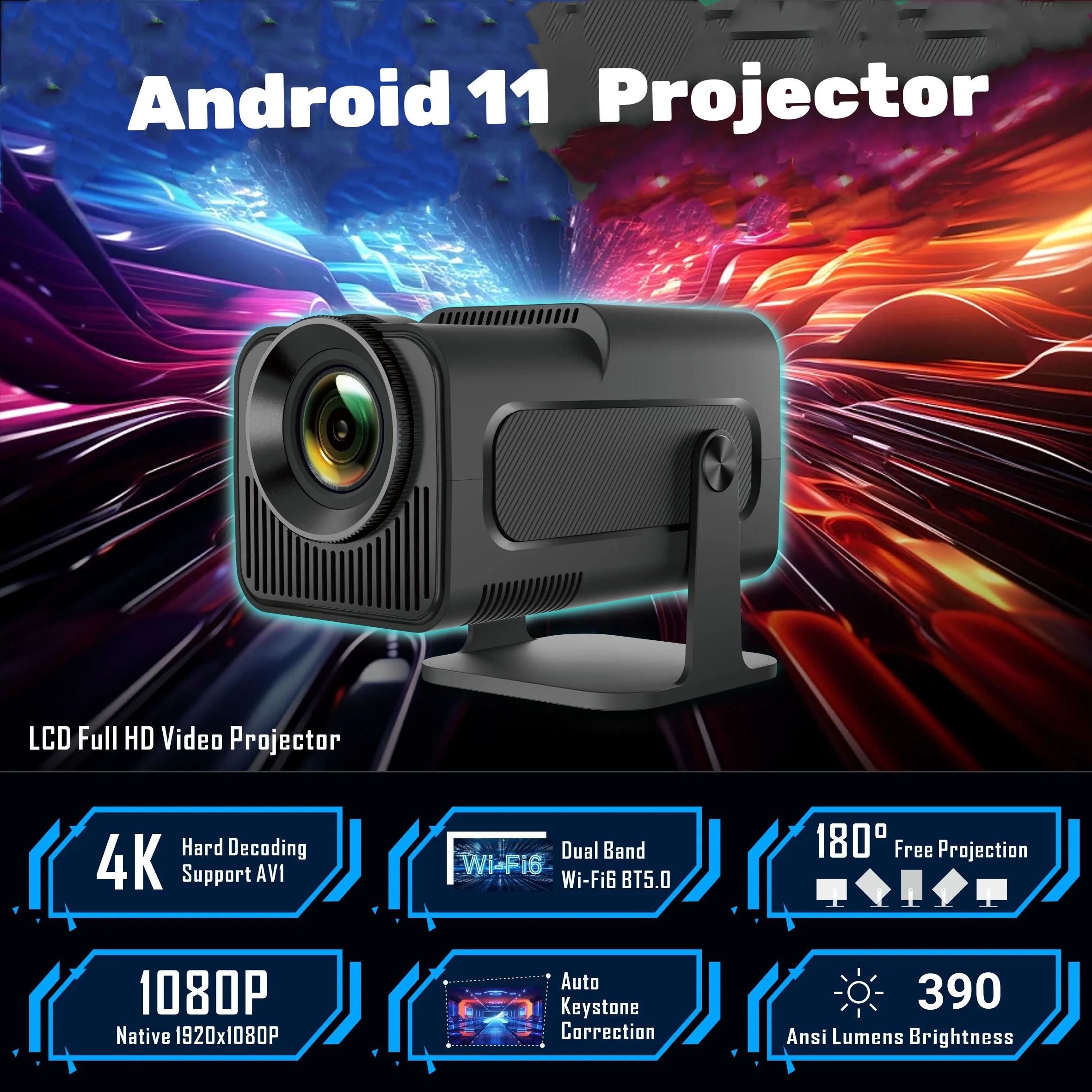 4K Native 1080P Android 11 Projector 390ANSI HY-320 Dual Wifi6 BT5.0 1920*1080P Home Cinema Office Smart Portable Projetor