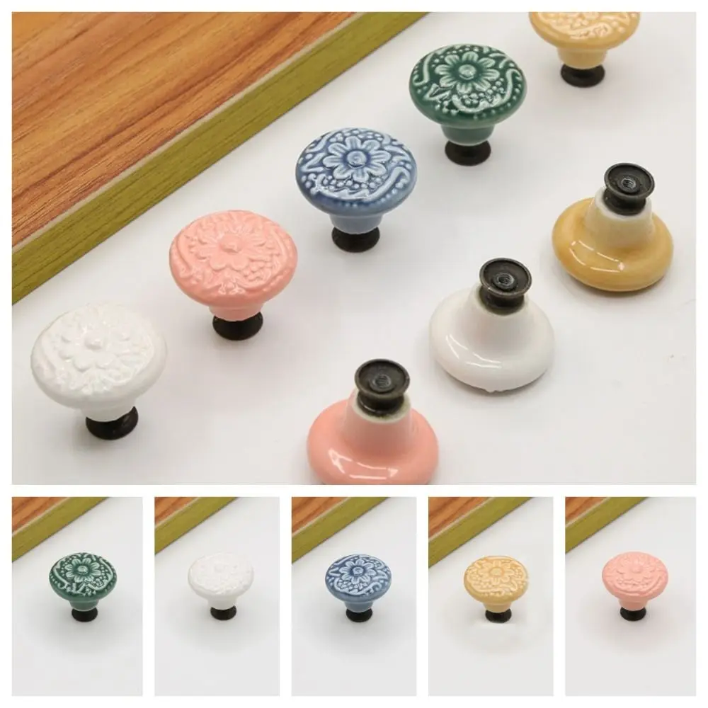 Furniture Knobs Flower Surface Ceramic Knob Vintage Round Pull Handles Door Knob Single Hole Drawer Knobs Dresser