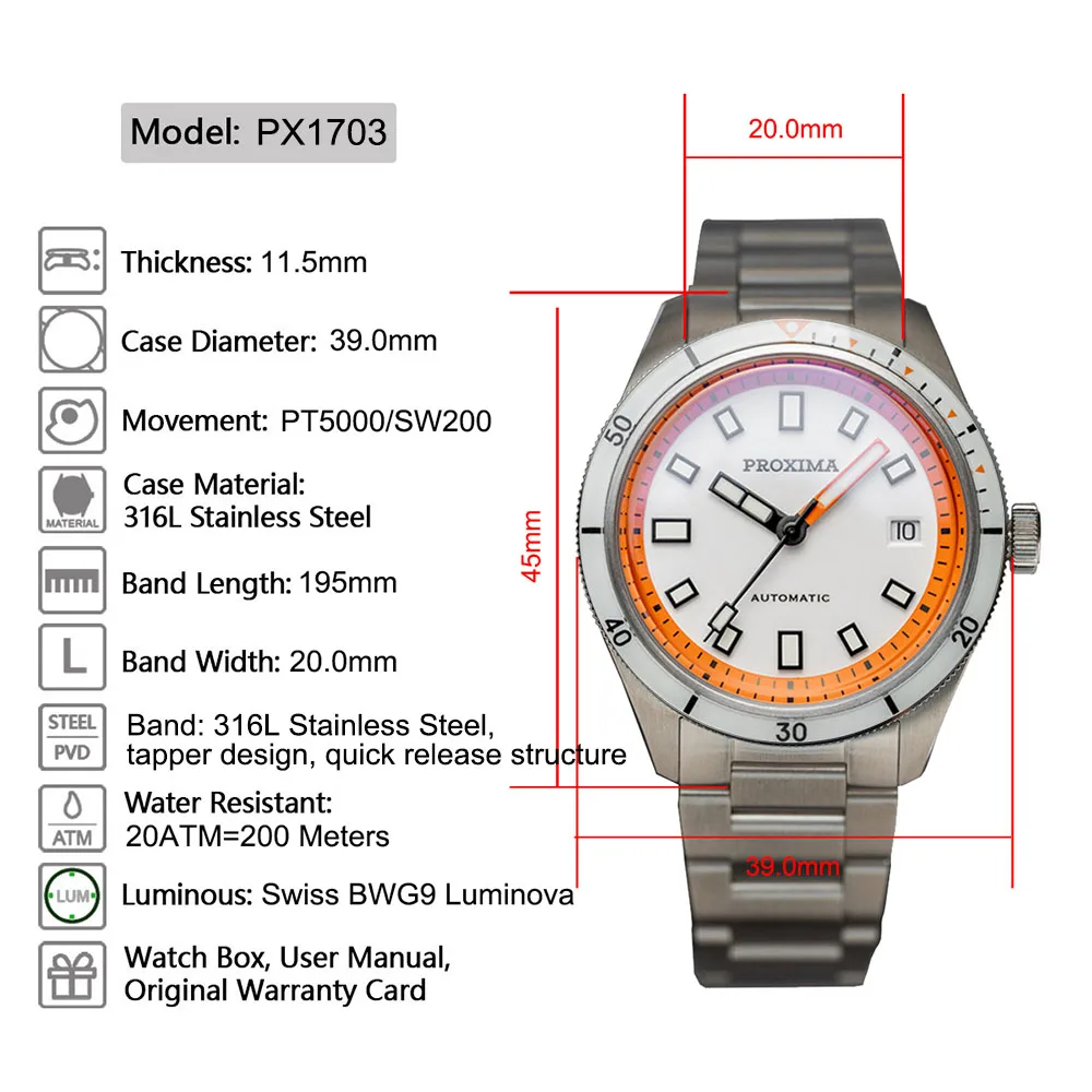Proxima PX1703 Diver Watch Business Waterproof Male Clock PT5000 Men Watches Stainless Steel Sapphire Bezel BGW9 Luminous diver watch