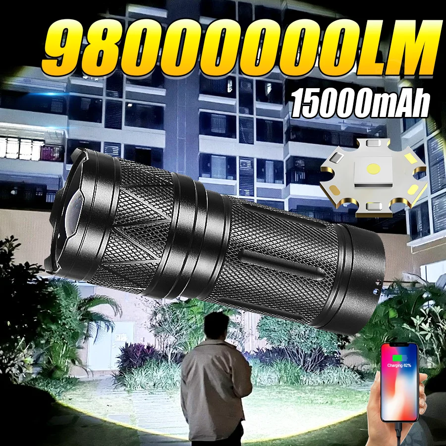 98000000LM LED 휴대용 손전등 매우 밝은 15000mAh 충전식 배터리 강력..