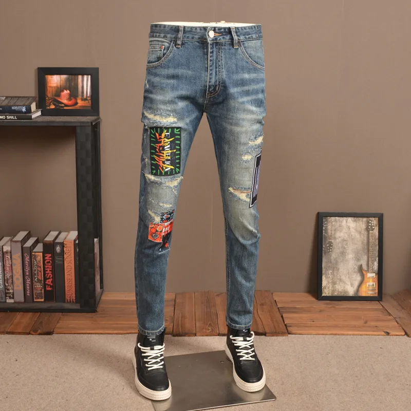 Retro Make Old Ripped Jeans Men's Street Fashion Spring and Autumn Patch Scrape Patch High Street Ruan Handsome Casual Trousers retro womens jeans y2k streetwear skinny denim trousers 2023 fashion high waist pencil pants hip hop make old washed jeans