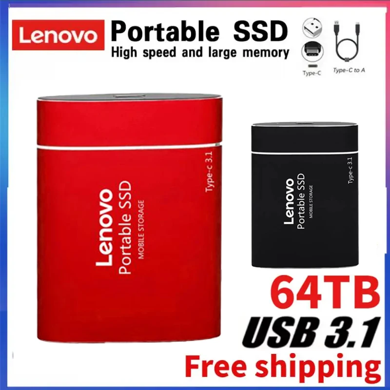 레노버 고속 모바일 솔리드 스테이트 드라이브, USB 3.1 하드 디스크, 노트북용 외장 스토리지 장치, 64TB 휴대용 SSD, 16TB