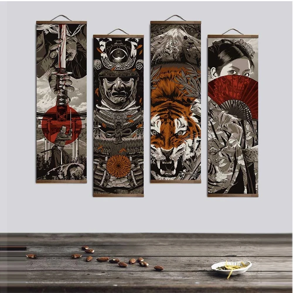 

Japanese Samurai Ukiyoe Tiger Canvas Poster Pictures for Living Room Home Decor Painting Wall Art with Solid Wood Hanging Scroll