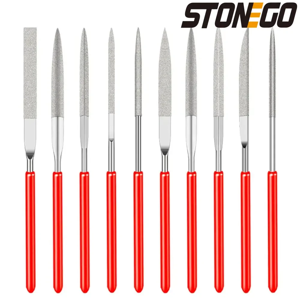 STONEGO 10Pcs/set Diamond Files for Metal Jeweler Stone Polishing Wood Carving Craft Double-cut Electroplating Alloy Hand Tools
