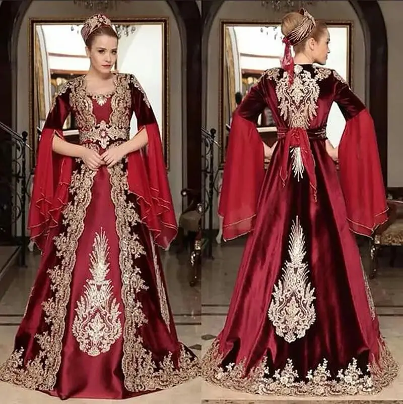 Arabisch Marokkanischen Kaftan Abendkleider Glocke Langen Ärmeln Gold Muster Spitze Applique Burgund Kaftan Dubai Anlass Prom Kleid