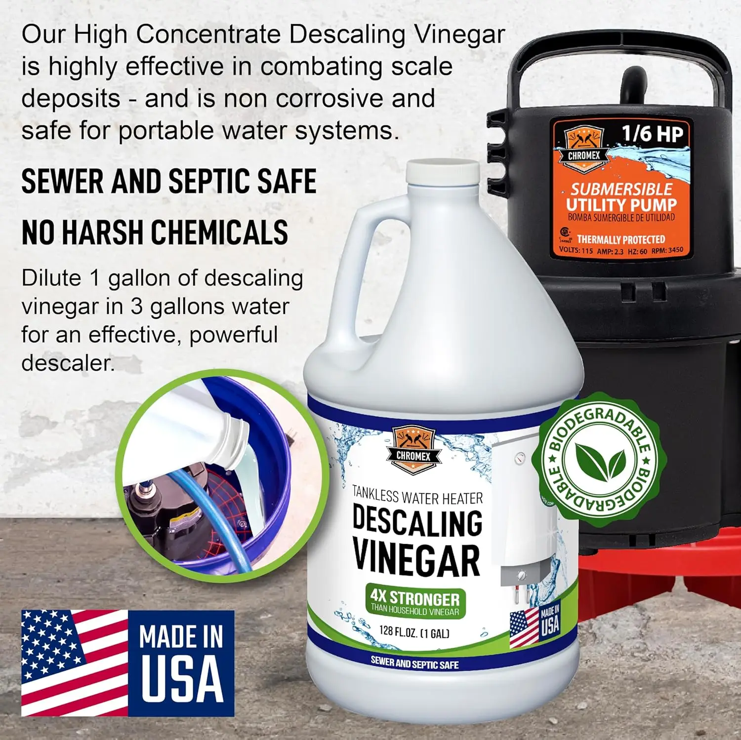 Tankless Water Heater Flush Kit with Concentrated Vinegar Dilutes to 4 Gallons and 1/6HP Extra Strength Pump
