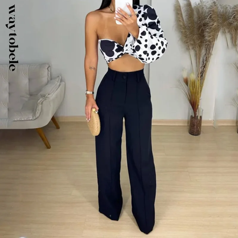 

Waytobele Women Two Piece Set Fashion One Shoulder Long Sleeve Dot Print High Waist Top Loose Straight Pants Sets Streetwear