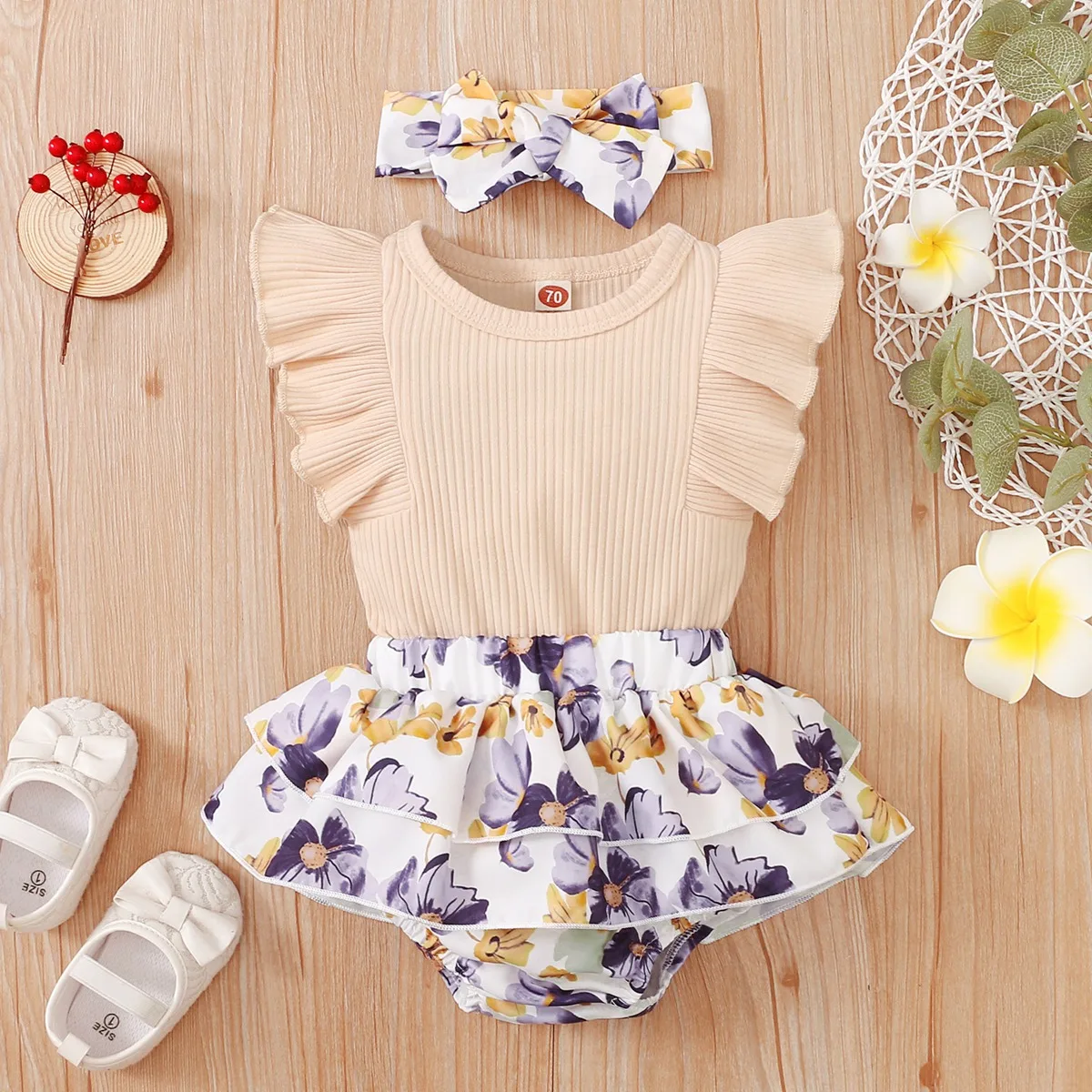 Baby Clothing Set discount hibobi Baby Girl Clothes Set Flower Print Girls Ruffle-sleeve Romper Summer Bodysuit Floral Pattern Shorts Headband Set 3Pcs small baby clothing set	