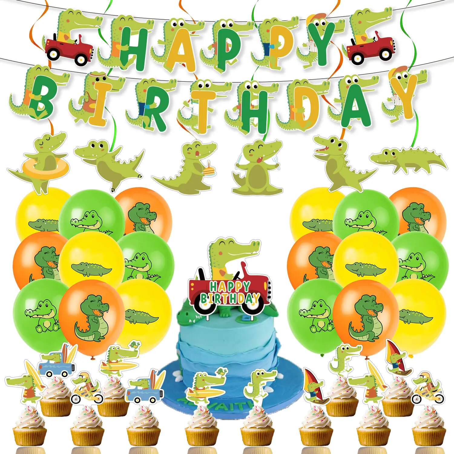 Cheereveal Cartoon Crocodile Themed Birthday Party Decoration Supplies Crocodile Balloons Happy Birthday Banner Cake Topper Set