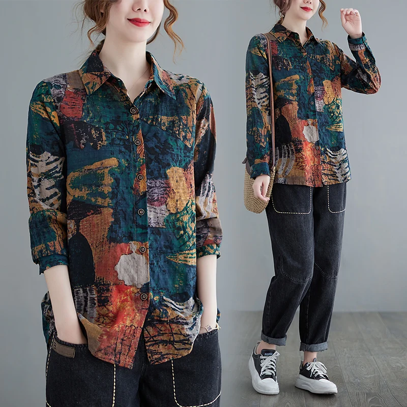 

Women Oversized Loose Blouse 2023 New Female Turn-down Collar Long Sleeve Vintage Tops Casual Cotton Shirts Blusa Femininas