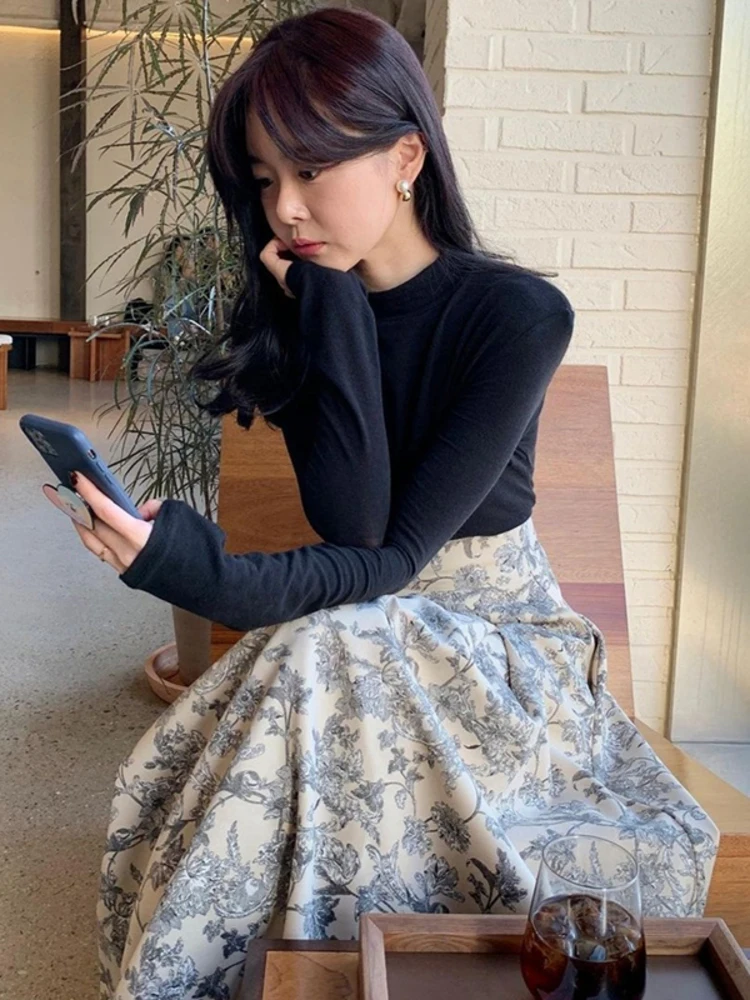 ★韓国人気★AGNEL★Clachic Skirt EWQ] Women Korean Chic Print A-line Maxi Skirt Zipper High