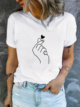 90s Finger Tshirt Heart Print T-Shirt Short Sleeve Crew Neck Casual Top for Summer Spring Women's Clothing Top Tee 1