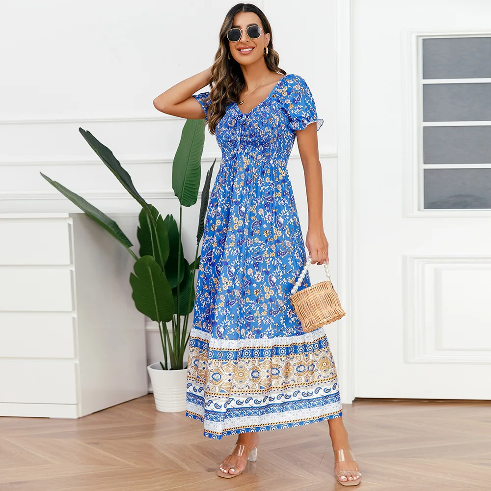 

Boho Rayon Floral Print Long Dress for Women Summer Robe Casual V-neck Maxi Dresses Vintage Bohemian Beach Vestidos