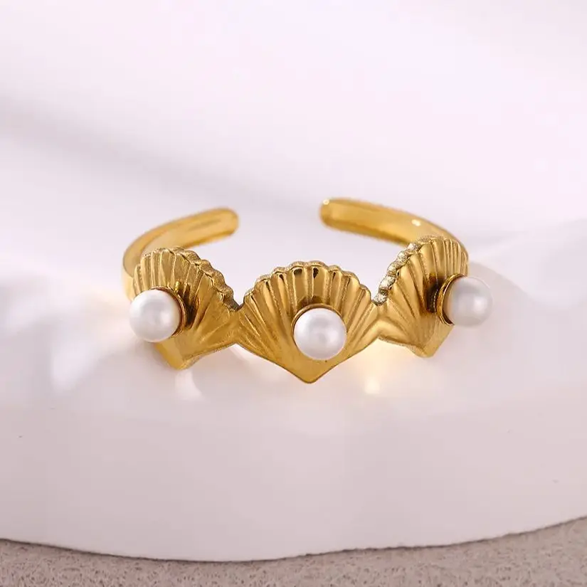 Pearl Shell Ring Women18K Gold Plated Stainless Steel Adjustable Finger Ring
