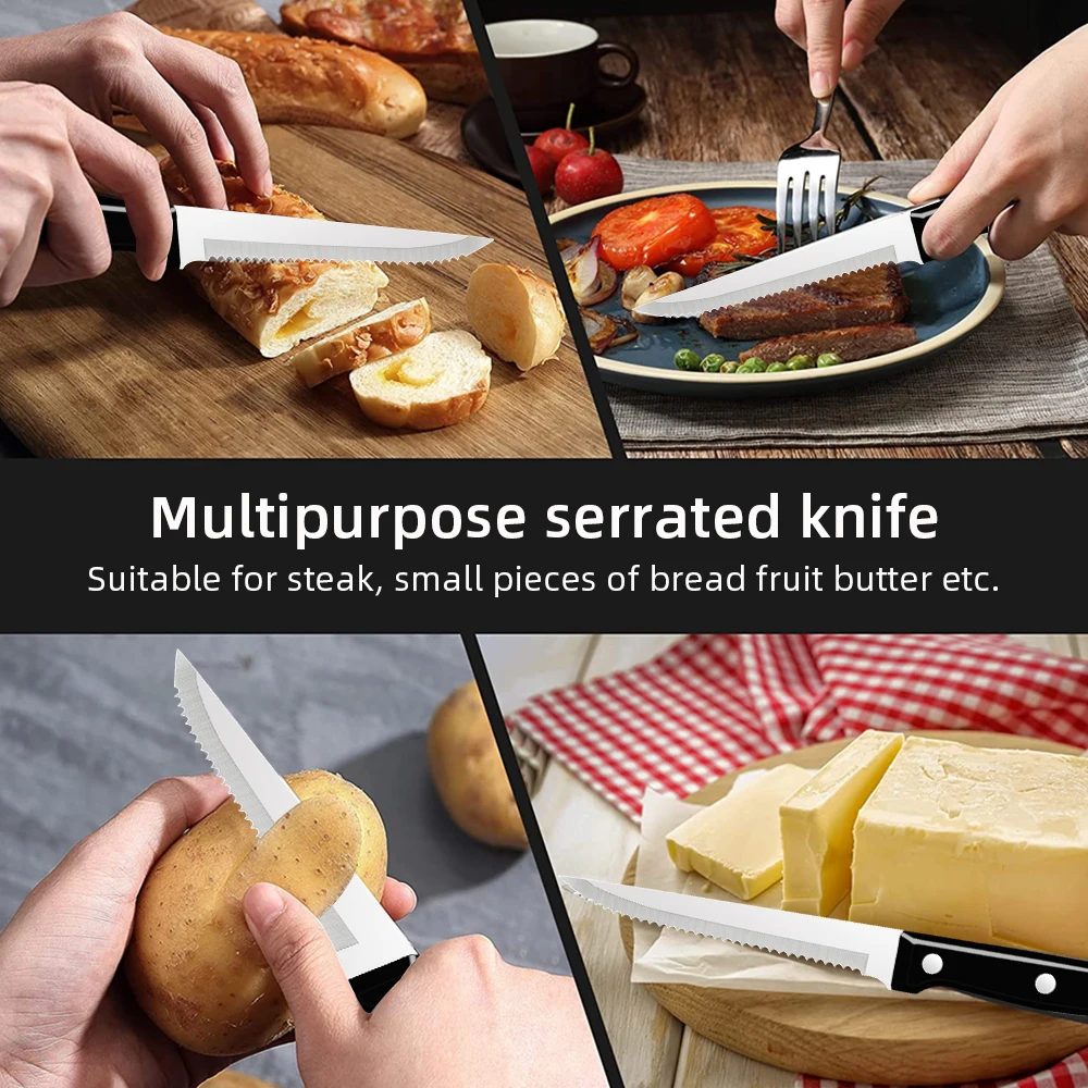 Cutlery Set Steak Knives Set 6/8 Pcs Full Tang Stainless Steel Sharp Serrated Dinner Knives Dishwasher Safe for Meat Bread
