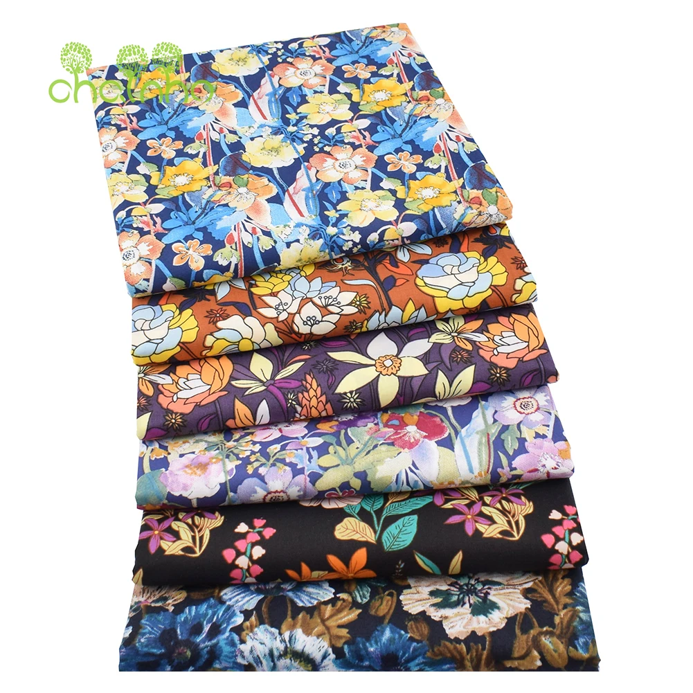 Chainho,Printed Plain Weave Poplin Cotton Fabric,DIY Quilting Sewing Material,Patchwork Cloth,Floral Series,3 Sizes,15PC26