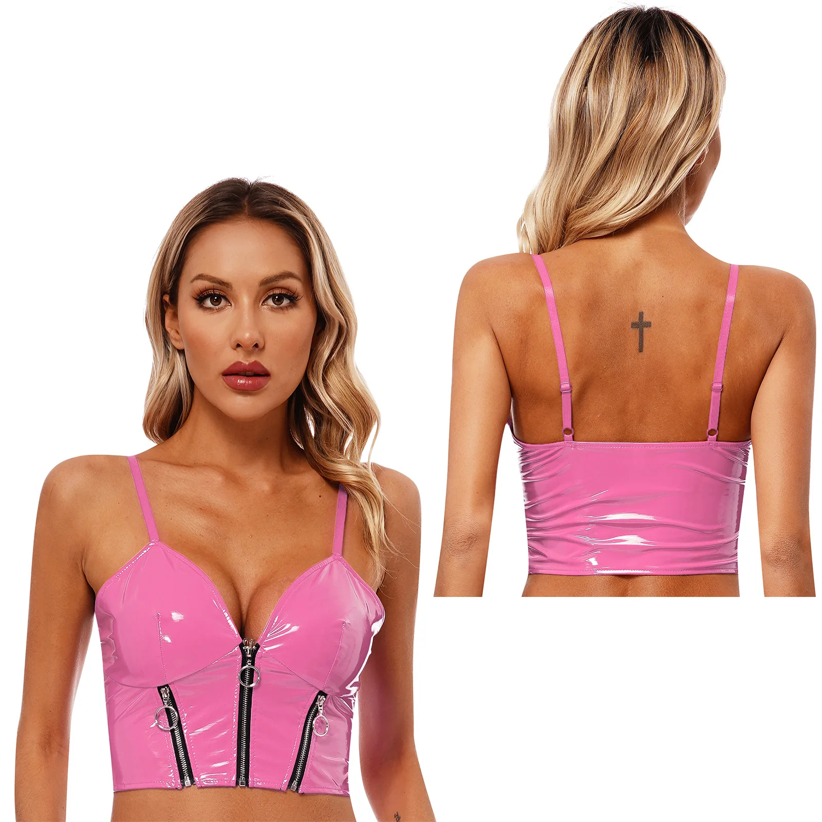 thumbnail image 1 of Top corto de charol brillante para mujer, cuello en V profundo, cremallera frontal, espalda descubierta, chaleco Sexy, camisola, disfraz de fiesta Rave para club nocturno, 1 of 5