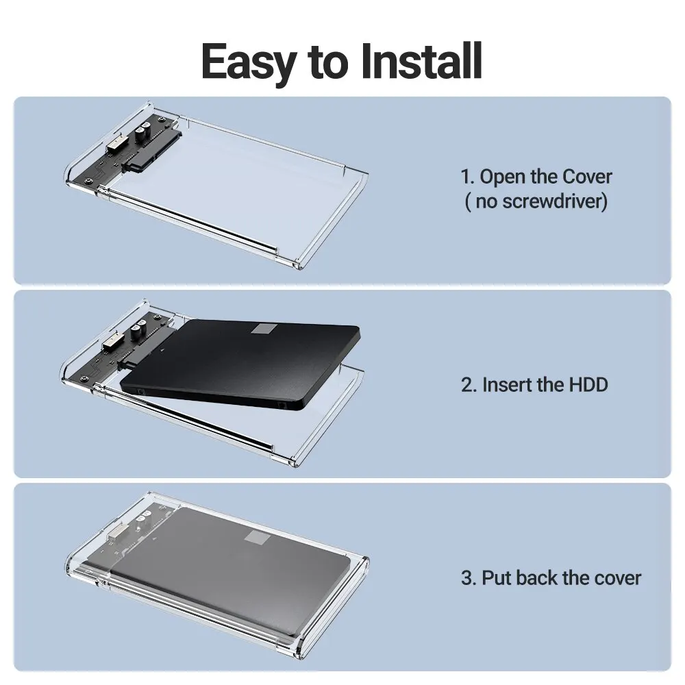 JEYI 외장 하드 드라이브 케이스, 2.5 인치 외장 HDD 인클로저, SATA-USB 3.0 도구 필요 없음, 2.5 인치 SSD 및 HDD, 9.5mm, 7mm