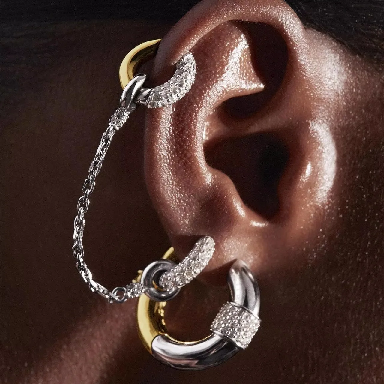 Retro Waterproof 18K Gold Plated Long Chain Zircon Hoop Earrings Two-tone Gold&silver Color PVD Round Tube O-Shaped Ear Jewelry