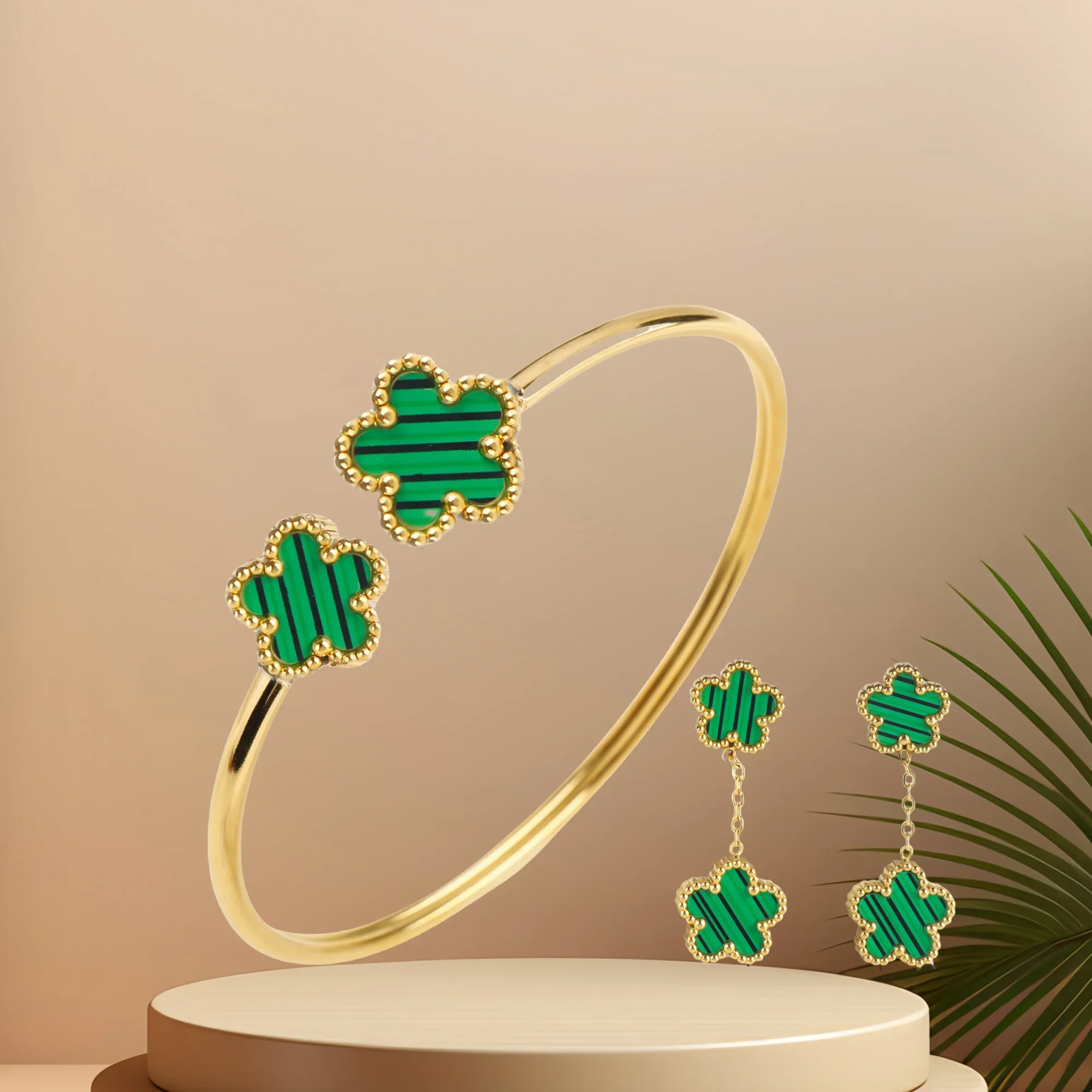 Stainless steel 7 color five-leaf grass bracelet Earring Jewelry Set High quality women's classic everyday party jewelry Clover 3