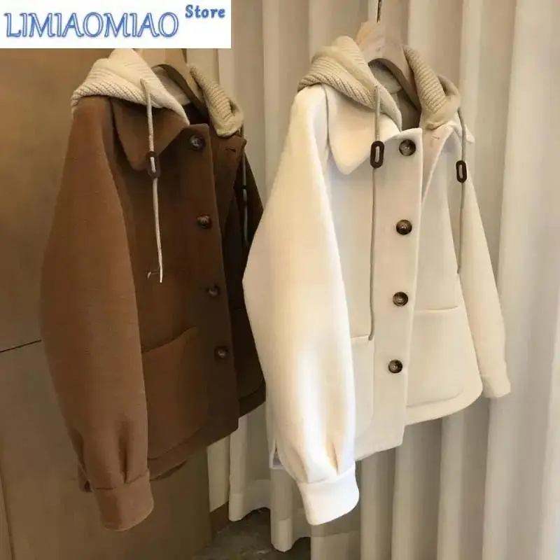 New Brown Winter Warm Fashion Design of Everything Match Hepburn Style Stitching Knit Hooded Woolen Coat Women's Pure Color for realme c53 lambskin texture pure color flip leather phone case brown