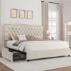King Bed Frame with 4 Storage Drawers, Upholstered Platform Bed Frame with Button Tufted Headboard,No Box Spring Needed (Beige) 1