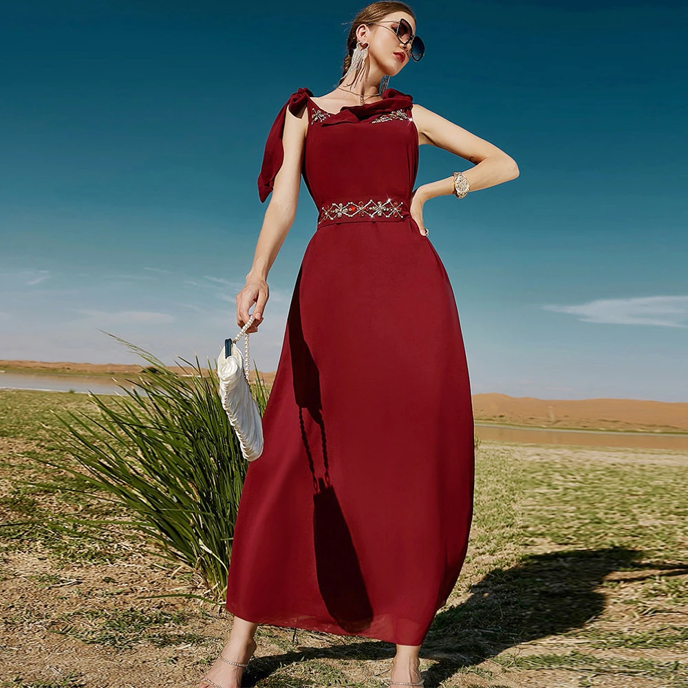 

Women Luxury Rhinestone Party Holiday Gown Wine Red Sleeveless Vestido Islam Long Dress Ramadan Maxi Robe Dubai Kaftan Moroccan