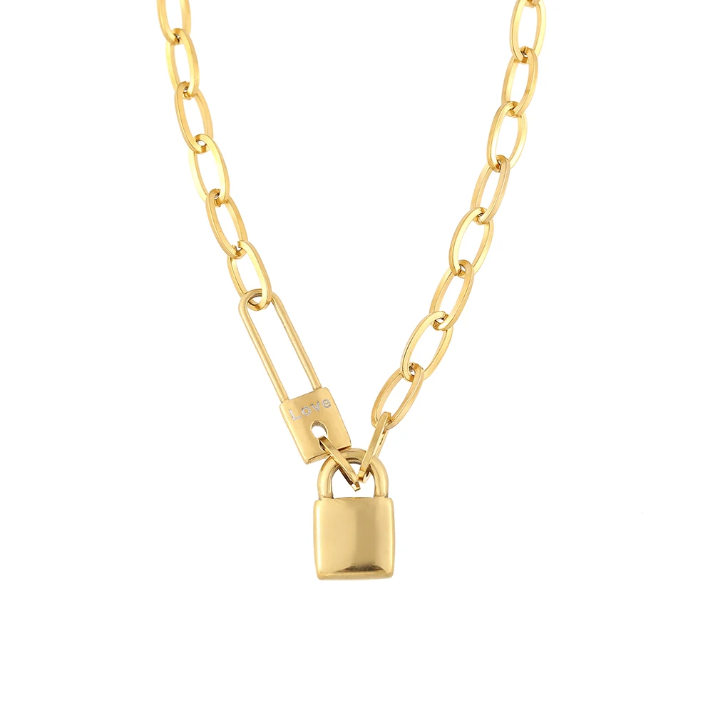 100% Stainless Steel lock catch Necklace For Women Gold Color Metal Lock Chunky Heavy Duty Chain Choker