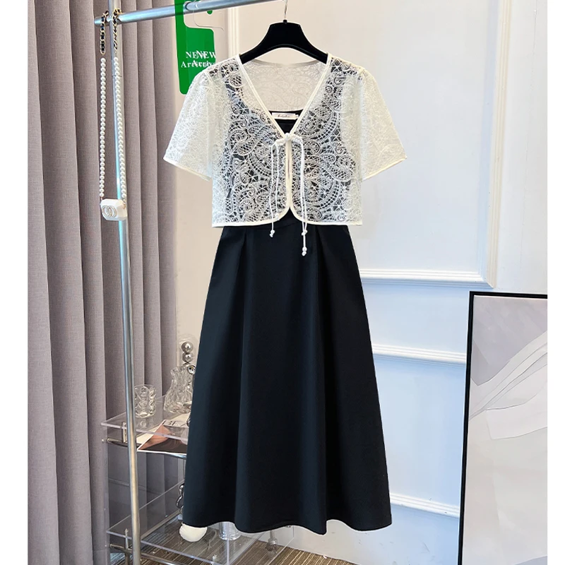 

Летний комплект из двух предметов для женщин, кружевной кардиган с V-образным вырезом и платье на бретельках, женские повседневные Черные и белые костюмы больших размеров 4XL