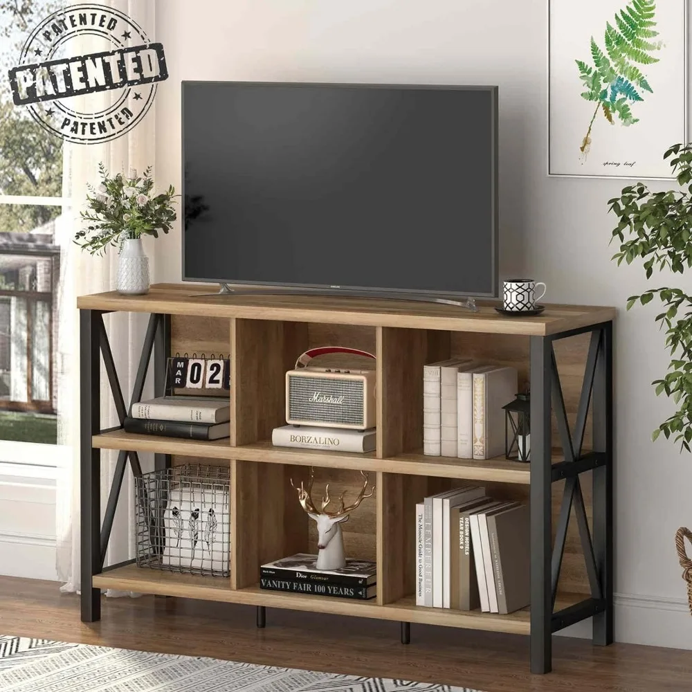 

6 Cube Storage Organizer With Shelf Long Wood and Metal Cubby Bookcase Industrial Horizontal Bookshelf Living Room Furniture