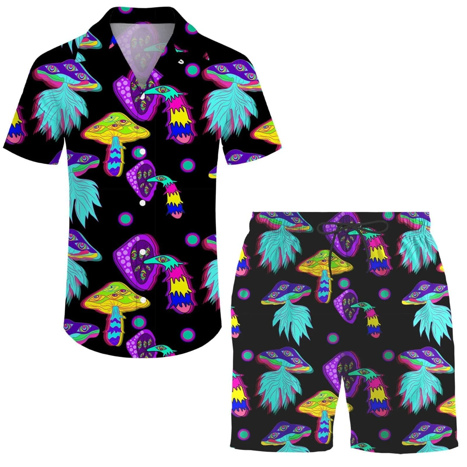 thumbnail image 2 of Conjunto retro psicodélico de los años 80 y 90 con estampado de setas mágicas, camisa 3D, pantalones cortos casuales de playa de gran tamaño, 2 piezas, estilo hawaiano para vacaciones para hombres, 2 of 5