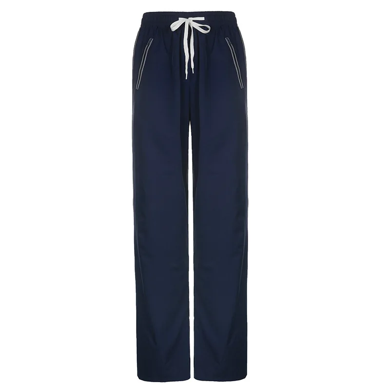 

2022 New Style Workwear Style Contrast Color Strap Woven Straight Wide Leg Casual Pants Women's Trousers Street Style
