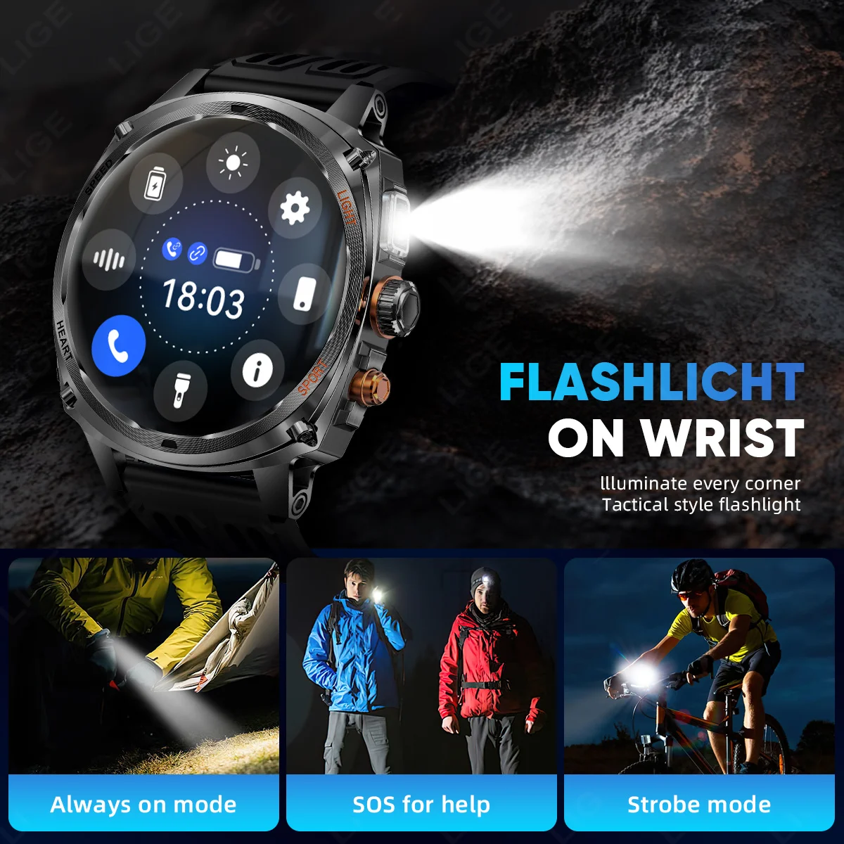 LIGE 2026 New Outdoor 800mAh AMOLED Smart Watch Men Flashlight BT Call Heart Rate Sleep Monitoring Waterproof Health Smart Watch