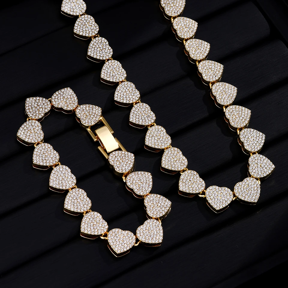 Yupsk 20/45CM New Thick Full Rhinestones Hip-hop Bracelet Trendy Heart-shaped Cuban Necklace Jewelry Set for Rock Trendsetters 2