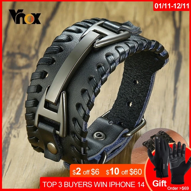 Juland Punk Braided Rope Alloy Bracelet Bangle Wristband Genuine Leather Bracelet Mens Leather Cuff Bracelet Viking Totem Wristbands Wide Cuff Leather Wrap Adjustable - Black In | Whizz Cuff - Foto 2