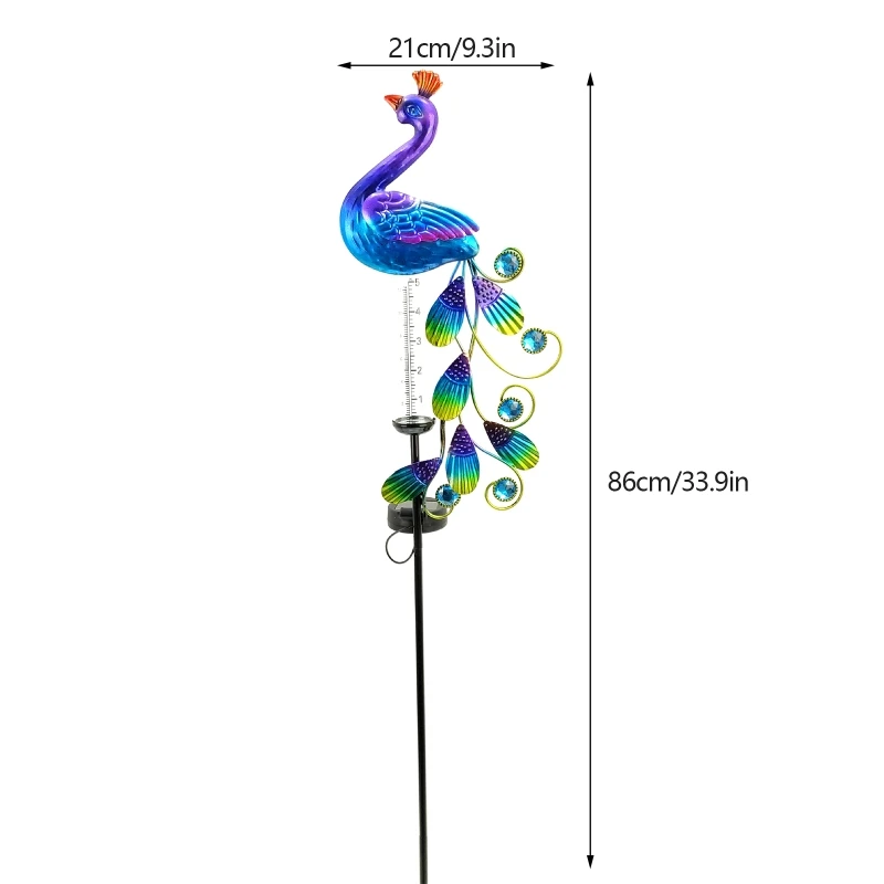 Rain Gauge for Yard Patio Lawn Anti Deform Stable Peacock Garden Stake with Solar Lamp 33.8in Rustproof Garden Ornament
